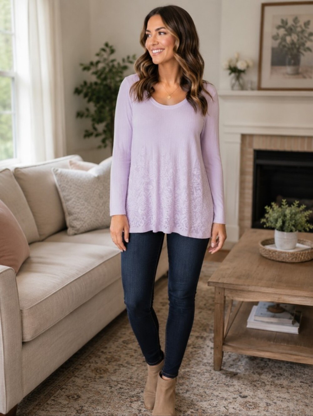 Soft Surroundings Tunic Top Lilac Purple Lightweight Sweater Lace Pattern Detail